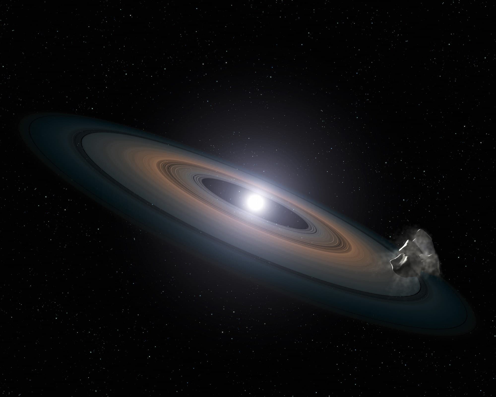 Artist's impression of a white dwarf star accreting rocky debris left behind by its surviving planetary system, released with Hubble observations in 2013. This is an illustration of a different white dwarf, not WD J1330+6435. Illustration: NASA, ESA, STScI and G. Bacon (STScI), via Wikimedia Commons (CC BY 4.0). Source page: https://commons.wikimedia.org/wiki/File:Artist%E2%80%99s_impression_of_debris_around_a_white_dwarf_star.jpg