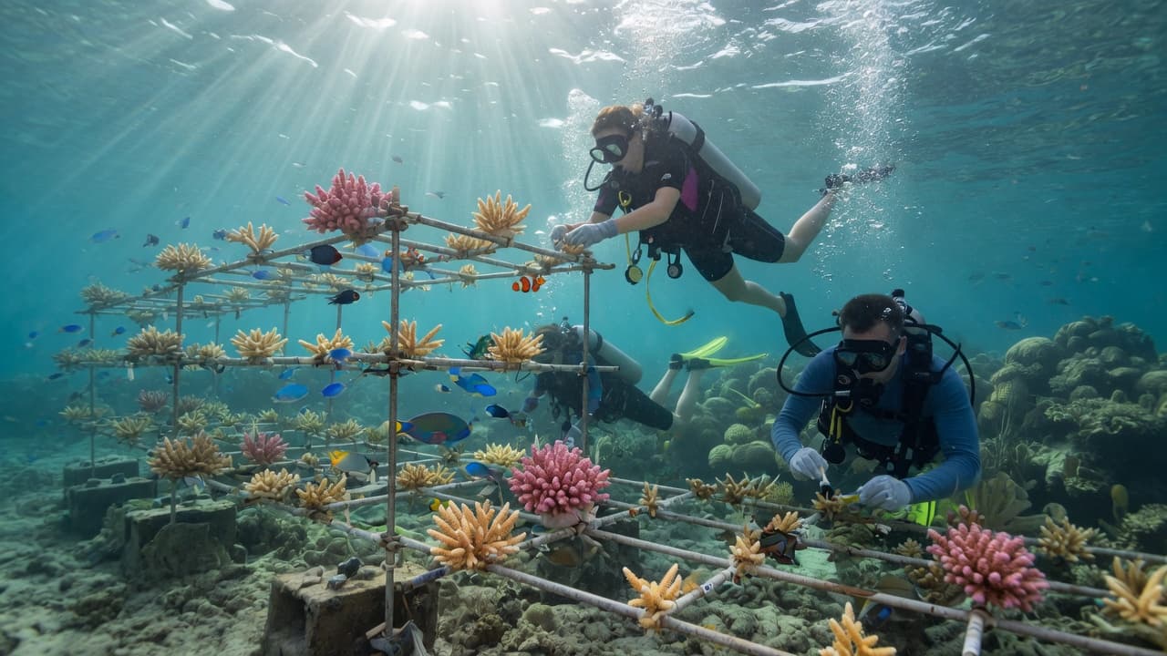 Divers tend rows of coral fragments on underwater nursery frames in clear tropical water, with sunlight falling through the reef.