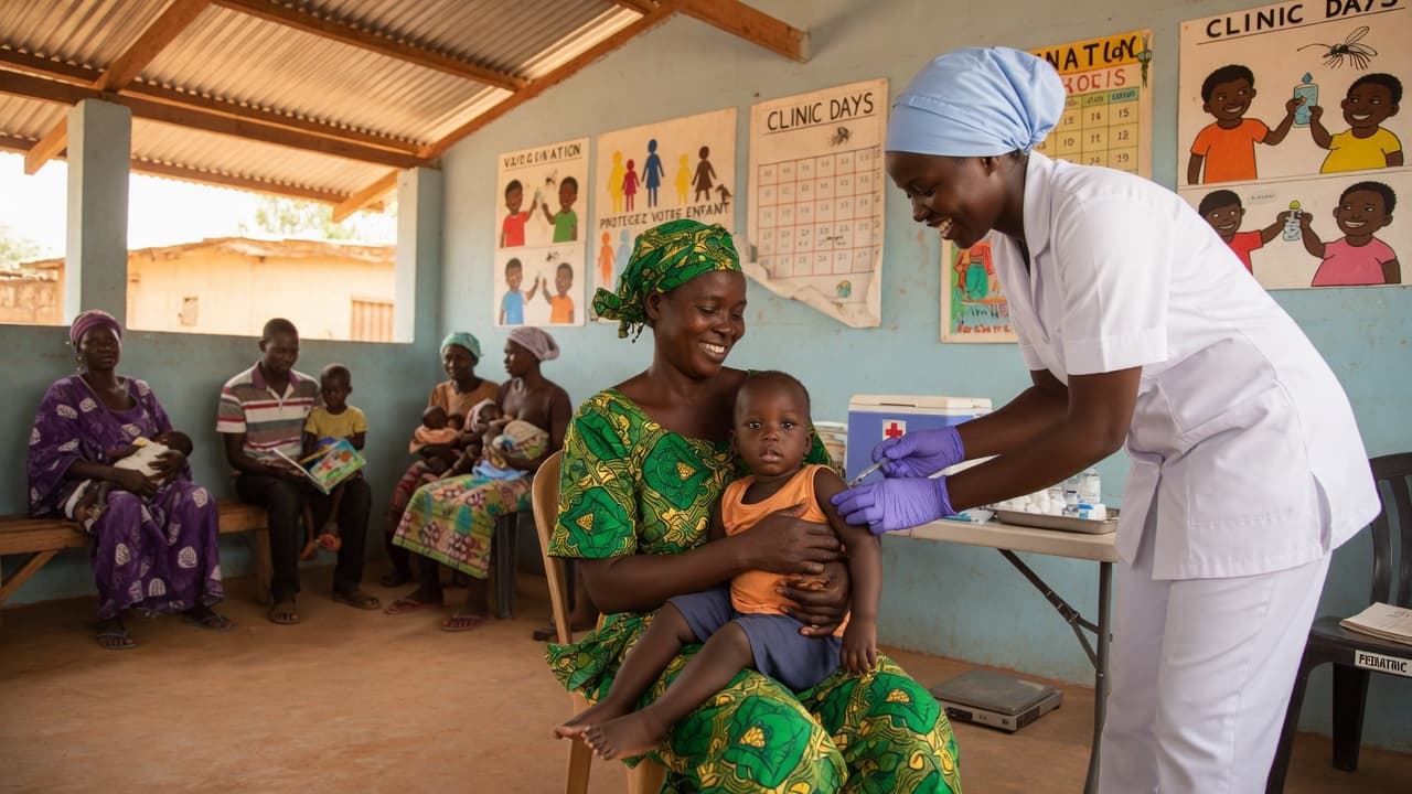A nurse vaccinates a toddler on a mother's lap in a bright open-air clinic, with other families waiting in warm daylight.