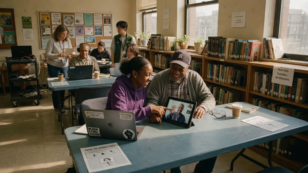 A teenager and an older man sit together at a library table, smiling as they look at a tablet in afternoon window light.