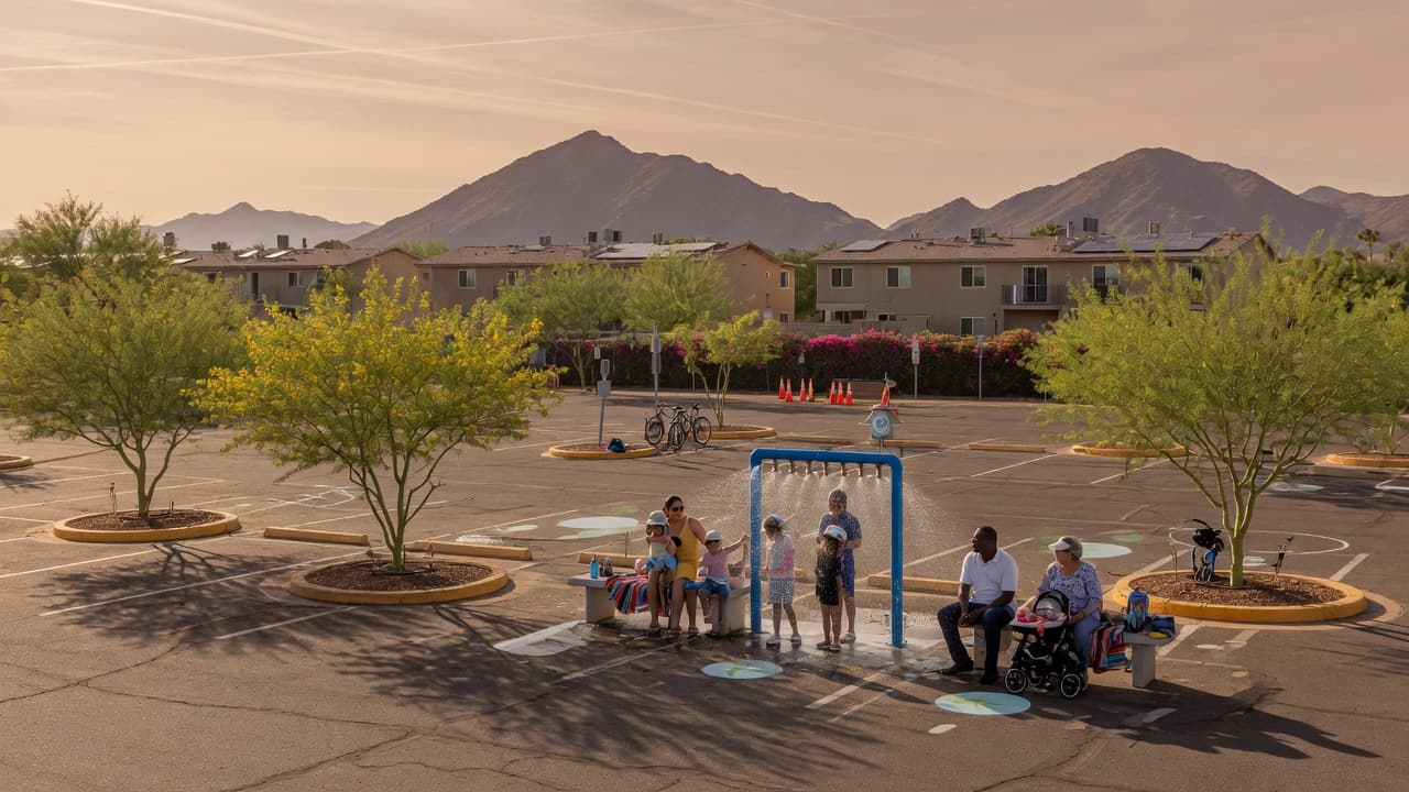 A newly planted desert shade park on a former parking lot in Phoenix, with families at a misting station under young palo verde trees.