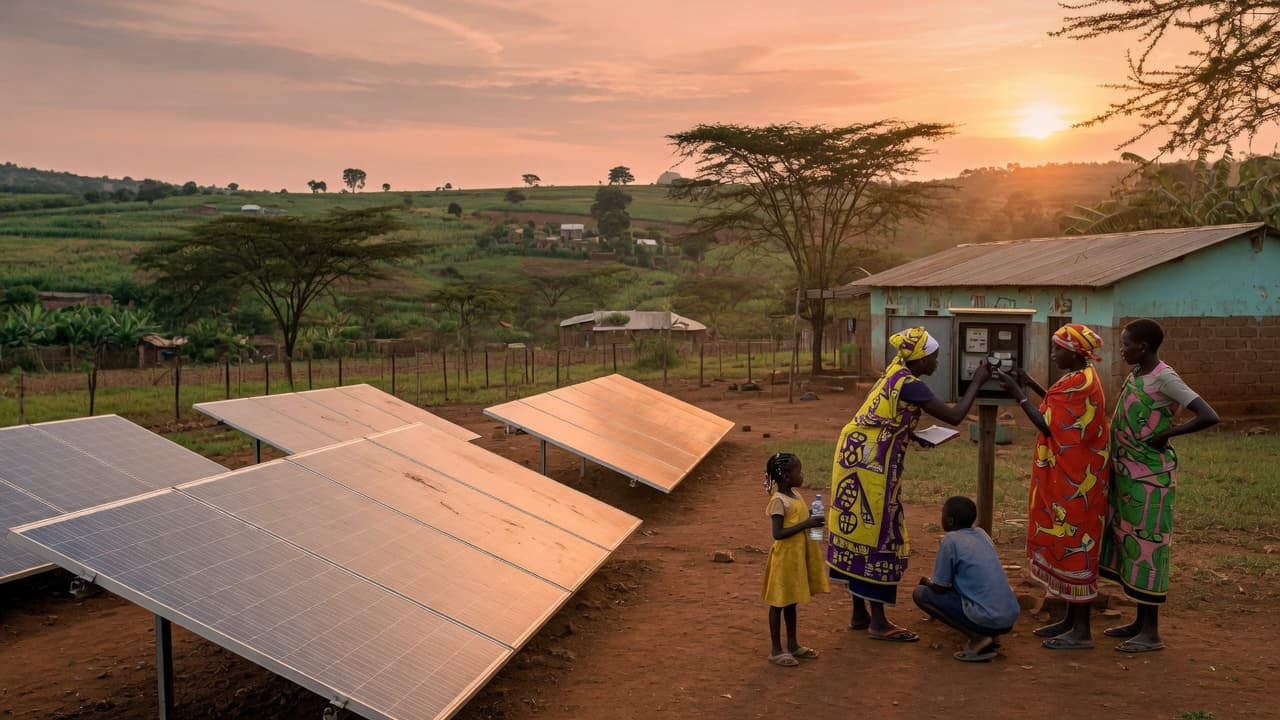 Solar panels on red earth beside a community building in western Kenya, with residents gathered at a meter box in late-afternoon light.