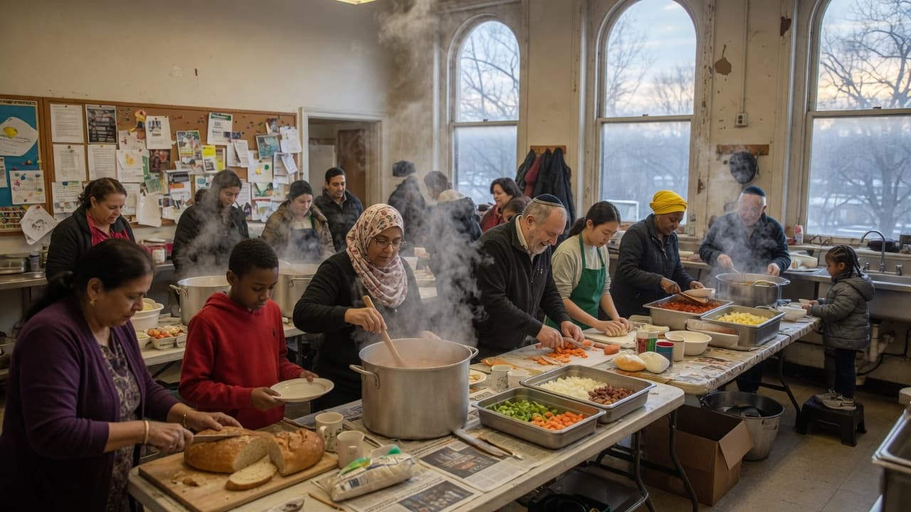 People of many ages and backgrounds cooking together in a busy community kitchen, steam rising from pots in winter daylight.