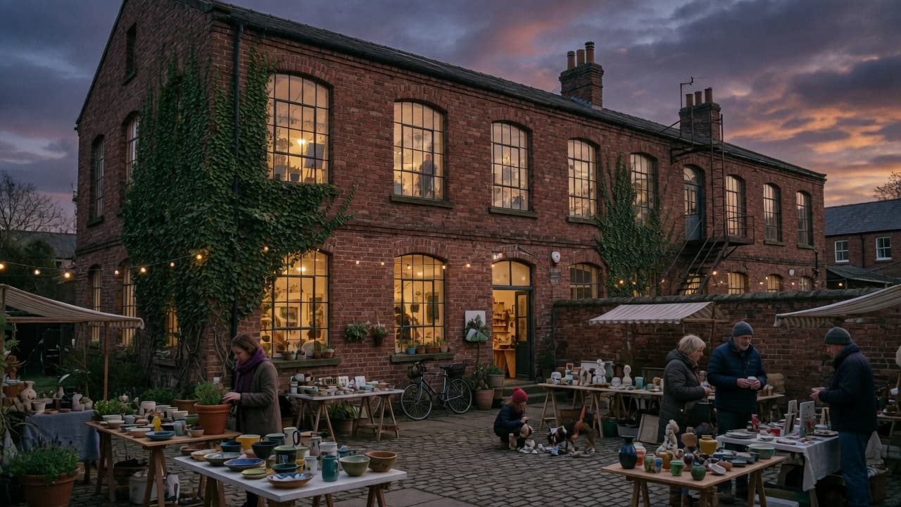 A restored red-brick Victorian mill at dusk, courtyard market in front of glowing industrial windows, neighbors talking among stalls.