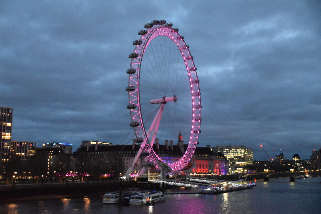 The London Eye observation wheel on the South Bank of the River Thames under a pale sky.